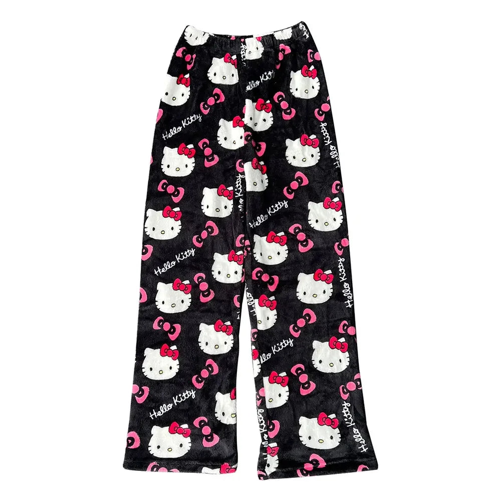 Sanrio My Melody Kawaii Hello Kitty Flannel Pajamas Pink Women's Warm Wool Cartoon Casual Home Pants Autumn/Winter Fashion Pants