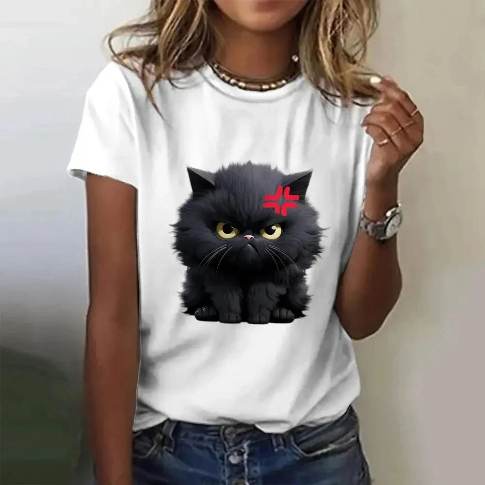 Funny Cat Women Summer White Print T-shirt Girl Casual Short Sleeve O Neck Top For Summer Female Animal Clothing