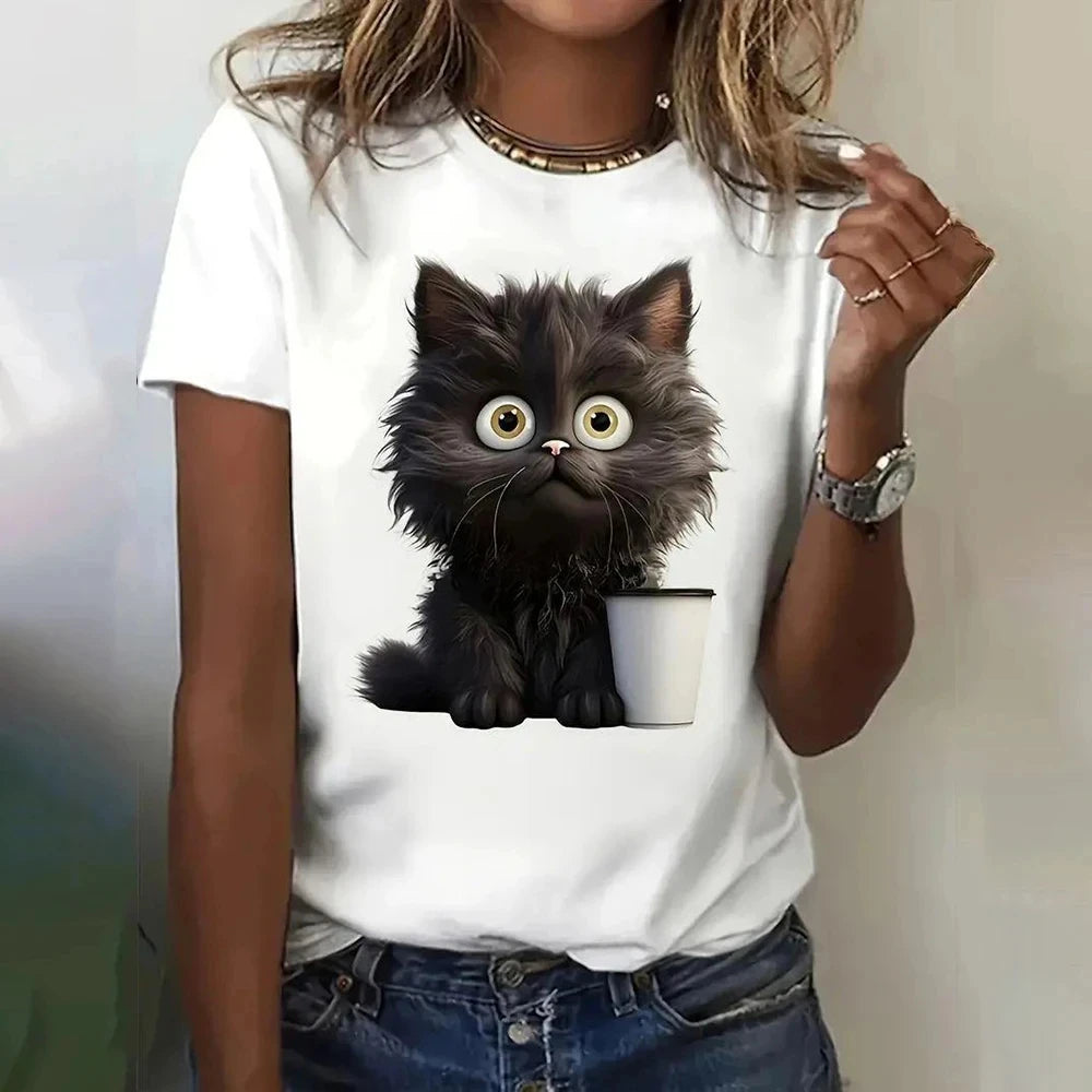 Funny Cat Women Summer White Print T-shirt Girl Casual Short Sleeve O Neck Top For Summer Female Animal Clothing