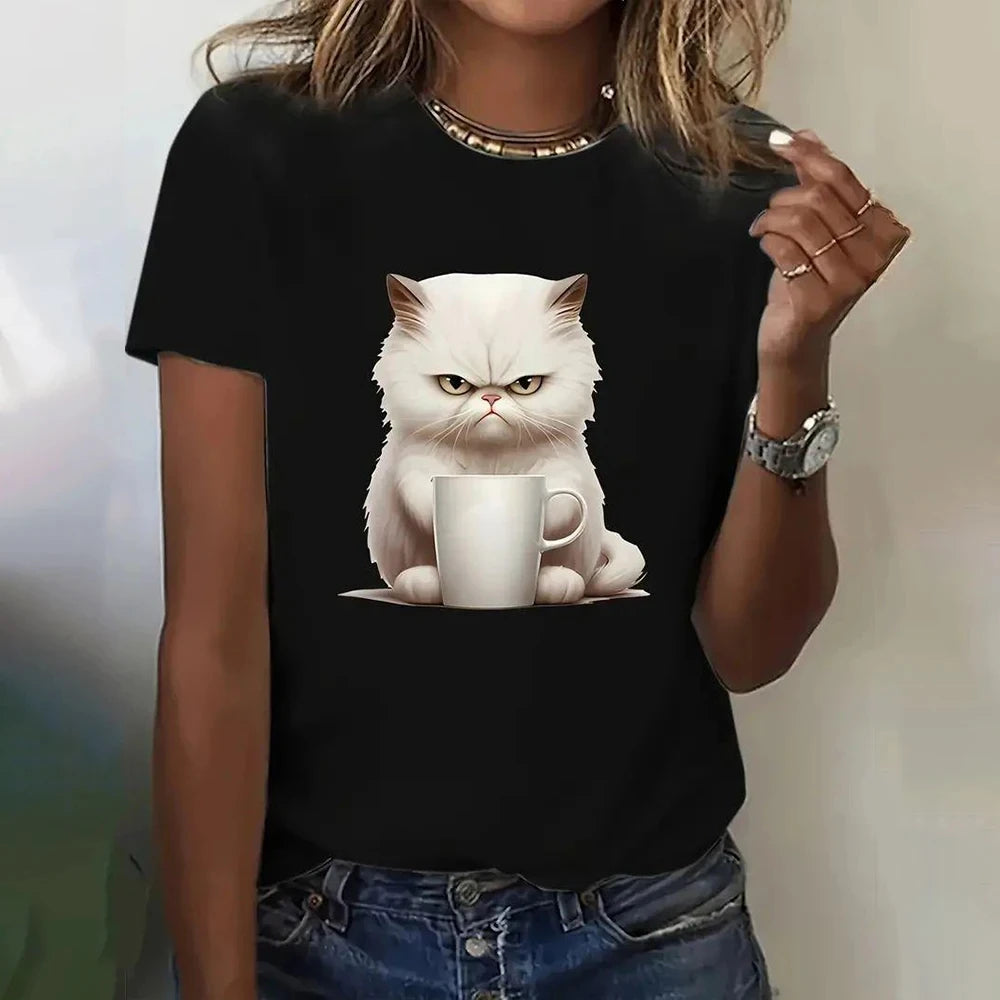 Funny Cat Women Summer White Print T-shirt Girl Casual Short Sleeve O Neck Top For Summer Female Animal Clothing