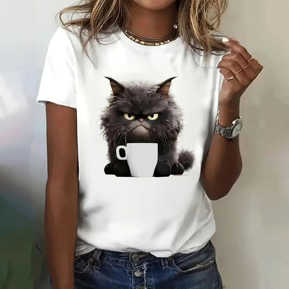 Funny Cat Women Summer White Print T-shirt Girl Casual Short Sleeve O Neck Top For Summer Female Animal Clothing