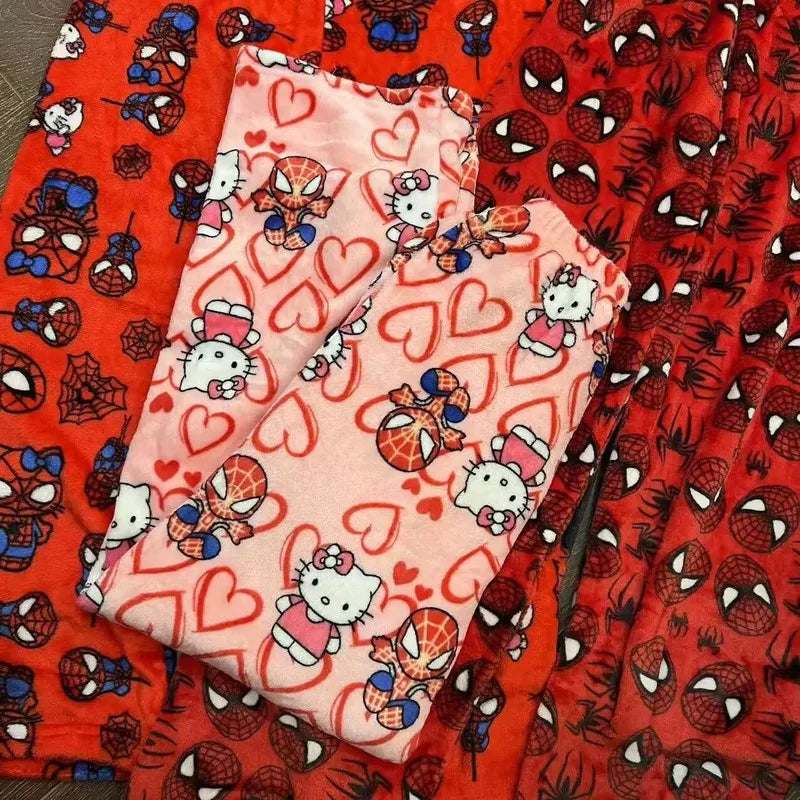 Animated Cartoon Winter Spider-Man Hello Kitty Coral Velvet Loose Pajamas Trousers Men And Women Cartoon Casual Wear