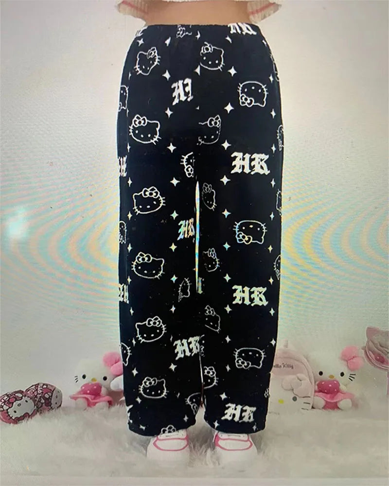 Sanrio My Melody Kawaii Hello Kitty Flannel Pajamas Pink Women's Warm Wool Cartoon Casual Home Pants Autumn/Winter Fashion Pants