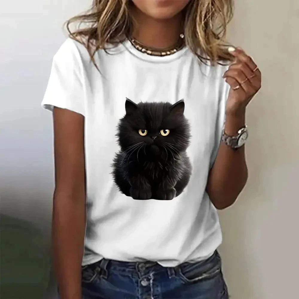 Funny Cat Women Summer White Print T-shirt Girl Casual Short Sleeve O Neck Top For Summer Female Animal Clothing