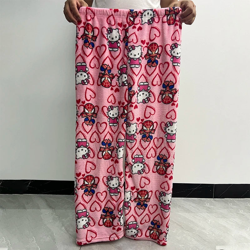 Animated Cartoon Winter Spider-Man Hello Kitty Coral Velvet Loose Pajamas Trousers Men And Women Cartoon Casual Wear