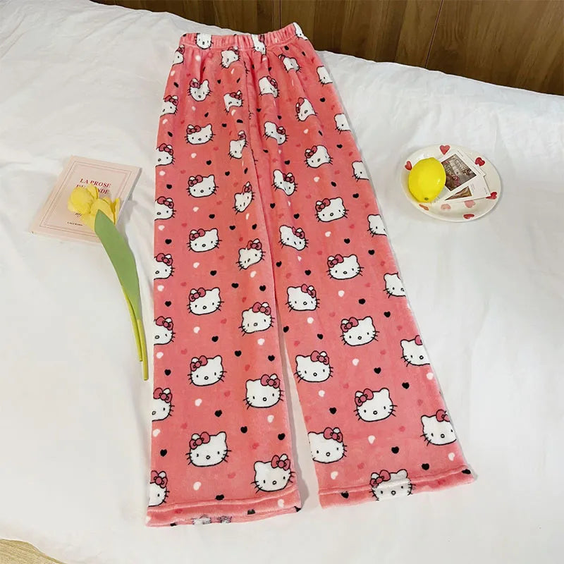 Sanrio My Melody Kawaii Hello Kitty Flannel Pajamas Pink Women's Warm Wool Cartoon Casual Home Pants Autumn/Winter Fashion Pants