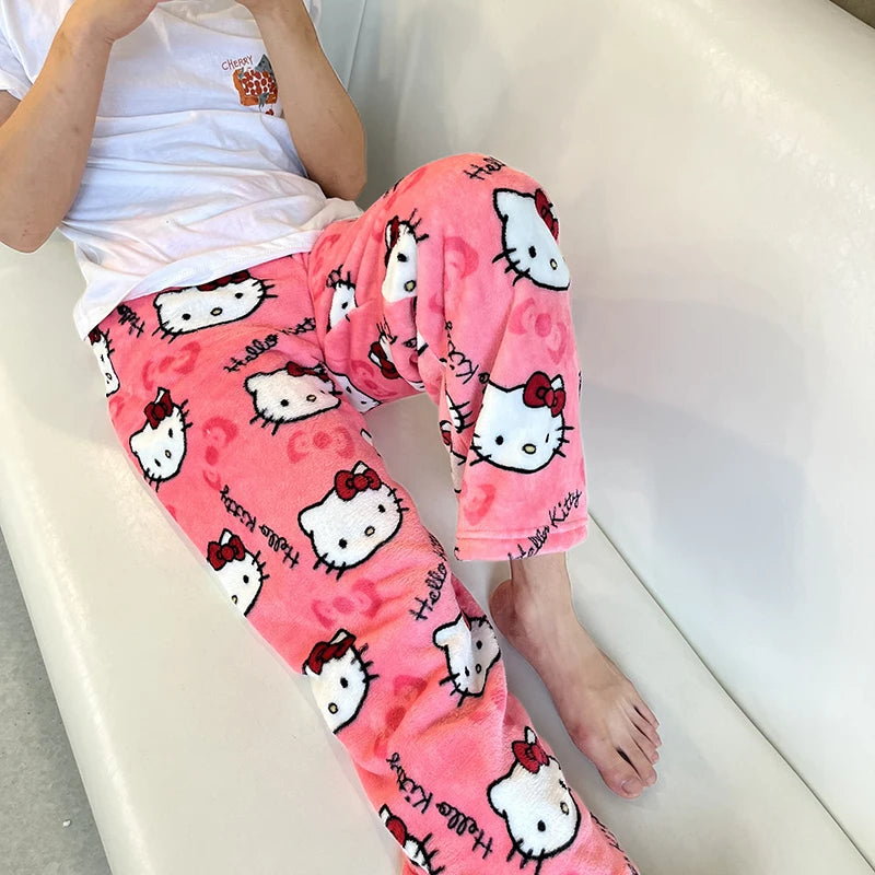 Sanrio Hello Kitty Pajamas Black Anime Flannel Women Warm Woolen Whitecartoon Casual Home Pants Autumn Fashion Trousers Gifts