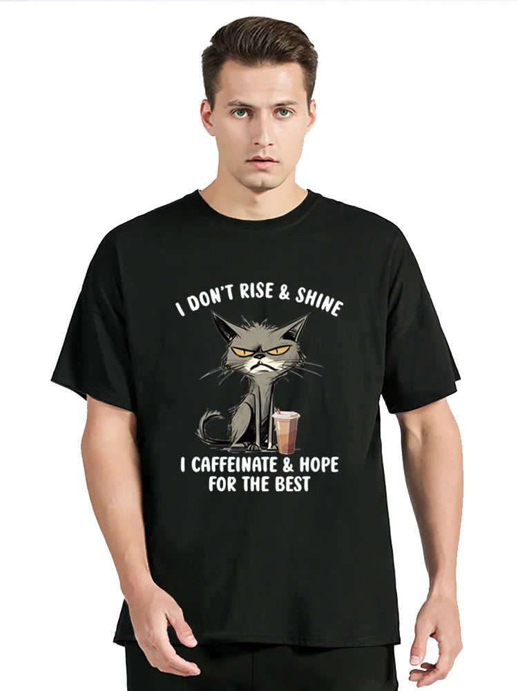 I Don't Rise & Shine Graphic T Shirt Funny Cat Tshirt Black Men Tops Clothing Fashion Harajuku T-shirts Women Men tees