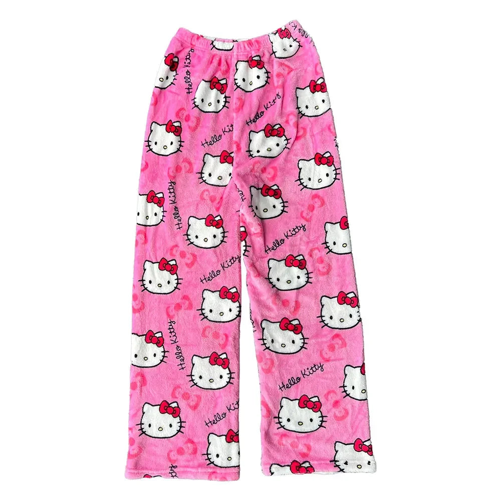 Sanrio My Melody Kawaii Hello Kitty Flannel Pajamas Pink Women's Warm Wool Cartoon Casual Home Pants Autumn/Winter Fashion Pants