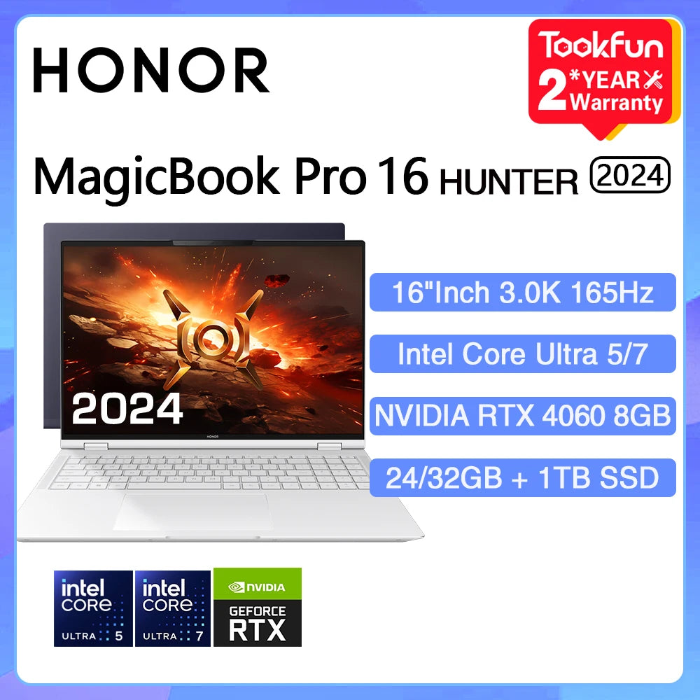 HONOR MagicBook Pro 16 HUNTER 2024 Gaming Laptop Intel Ultra 5 7 NVIDIA RTX 4060 24 32GB 1TB 16" Inch 3K 165Hz Gamer Computer PC