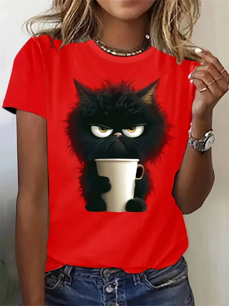 Funny Cat Women Summer White Print T-shirt Girl Casual Short Sleeve O Neck Top For Summer Female Animal Clothing