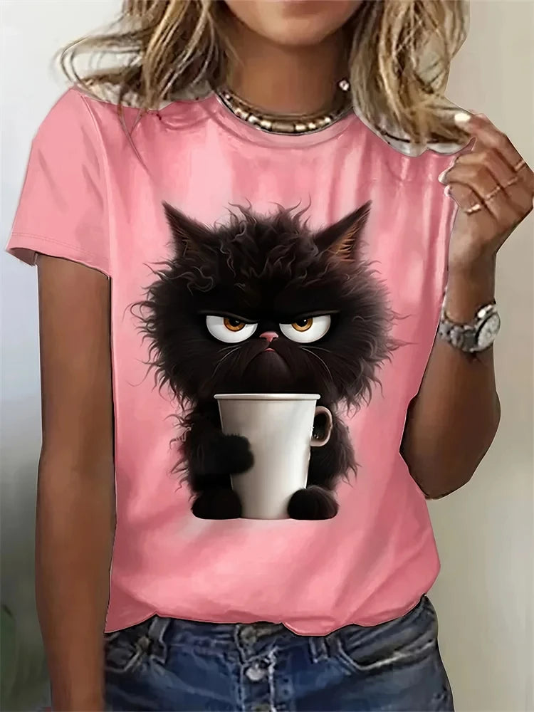 Funny Cat Women Summer White Print T-shirt Girl Casual Short Sleeve O Neck Top For Summer Female Animal Clothing