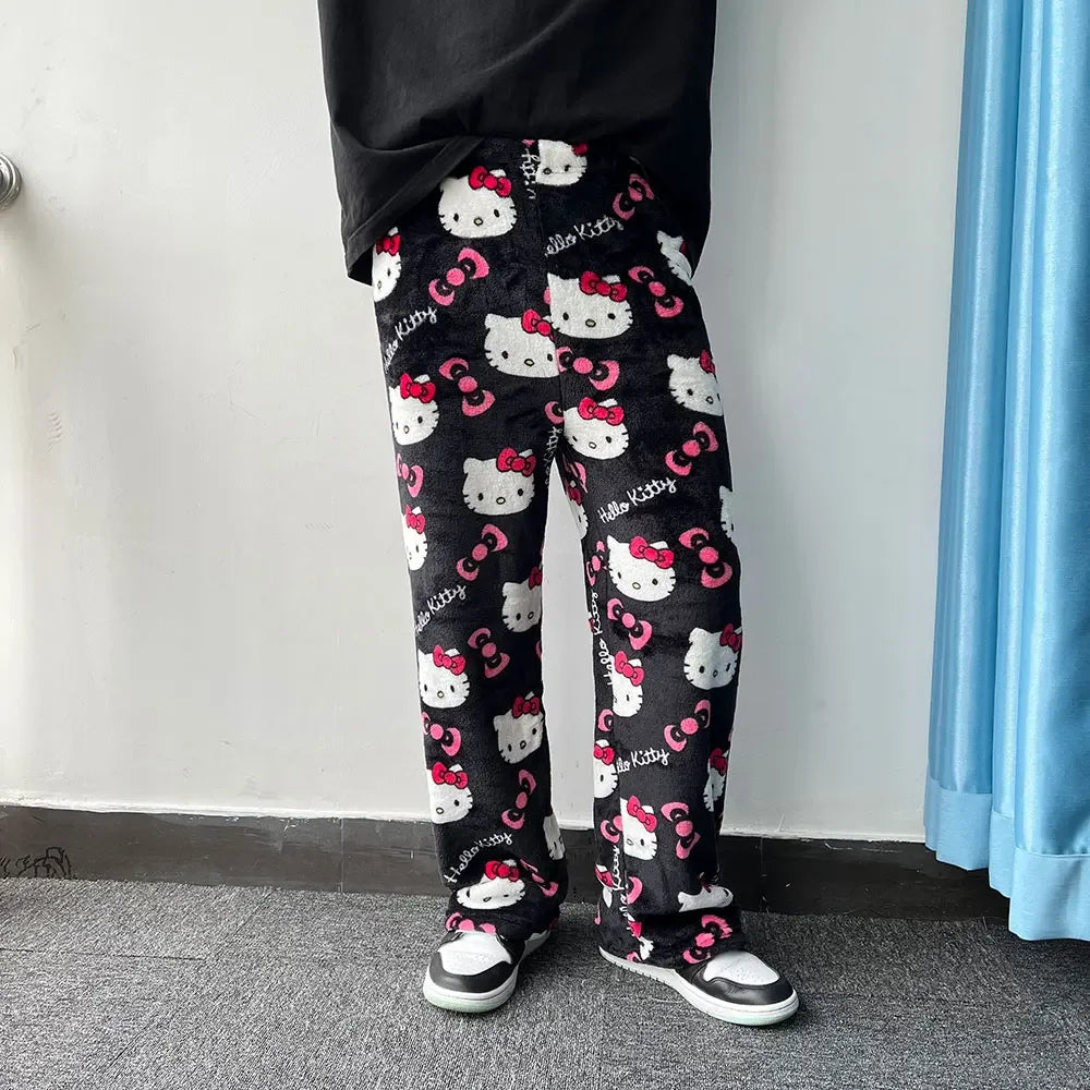 Sanrio My Melody Kawaii Hello Kitty Flannel Pajamas Pink Women's Warm Wool Cartoon Casual Home Pants Autumn/Winter Fashion Pants