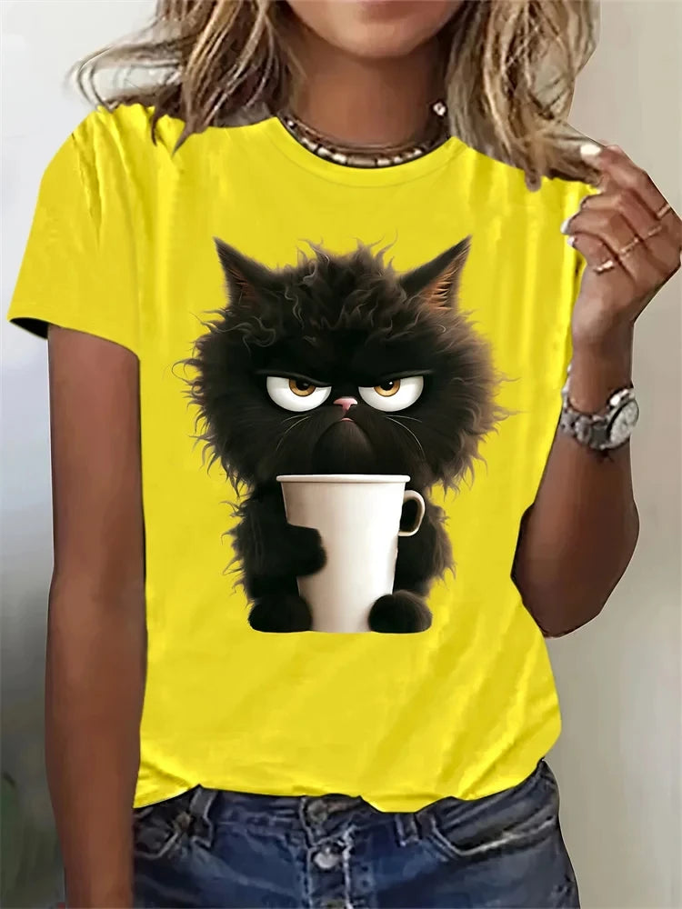 Funny Cat Women Summer White Print T-shirt Girl Casual Short Sleeve O Neck Top For Summer Female Animal Clothing