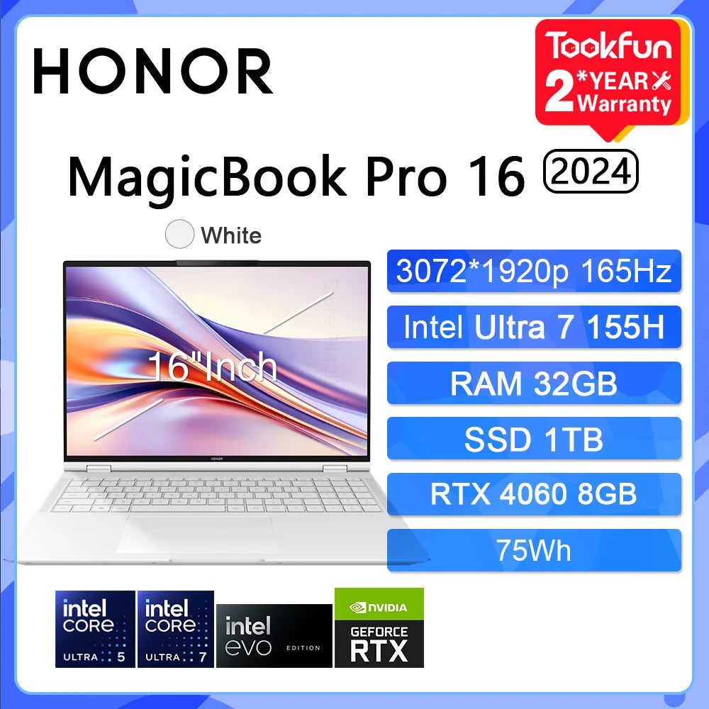 HONOR MagicBook Pro 16 HUNTER 2024 Gaming Laptop Intel Ultra 5 7 NVIDIA RTX 4060 24 32GB 1TB 16" Inch 3K 165Hz Gamer Computer PC