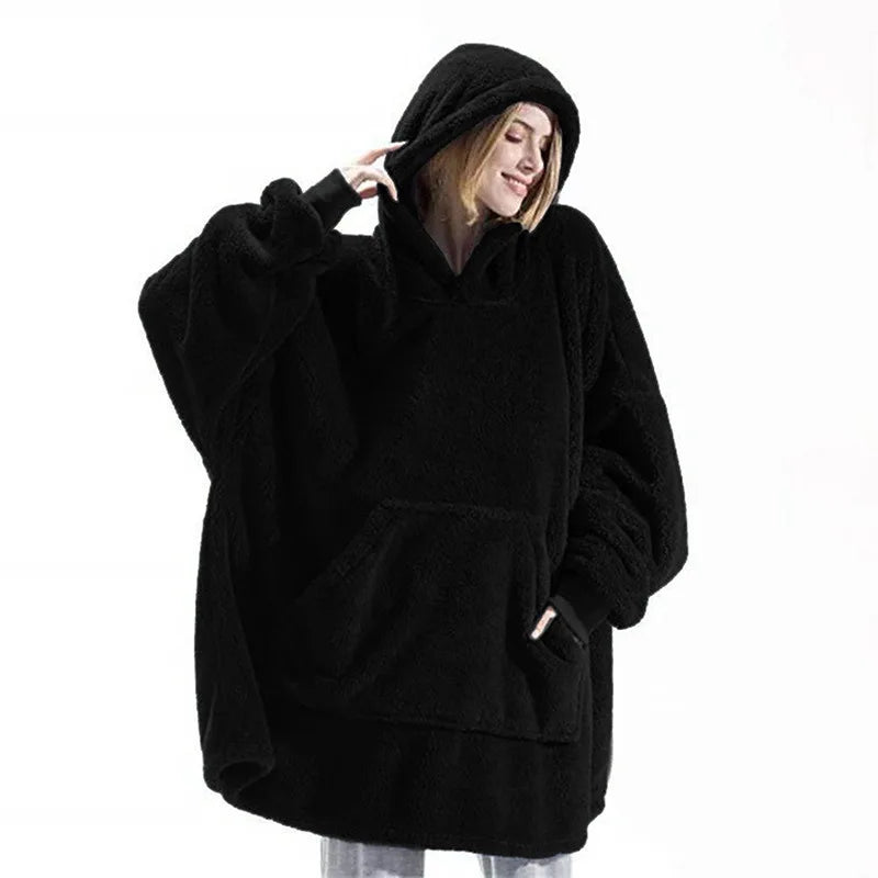 Women Winter Thick Warm Hooded Outerwear Solid Elegant Soft Double Fleece Jacket Unisex Pocket Pullover Long Hoodies Home Wear