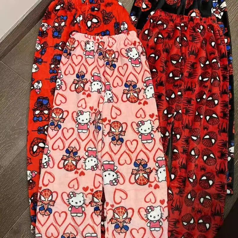 Animated Cartoon Winter Spider-Man Hello Kitty Coral Velvet Loose Pajamas Trousers Men And Women Cartoon Casual Wear