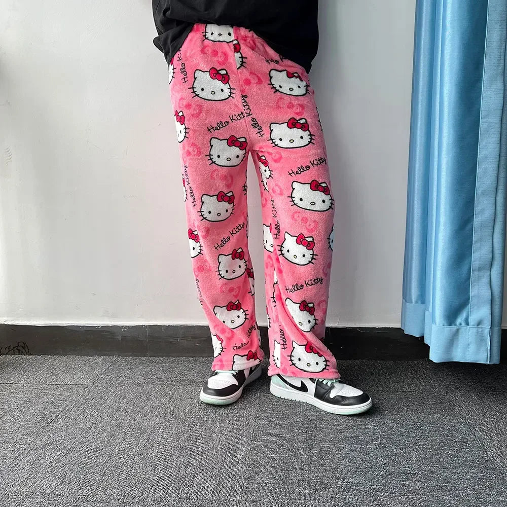 Sanrio My Melody Kawaii Hello Kitty Flannel Pajamas Pink Women's Warm Wool Cartoon Casual Home Pants Autumn/Winter Fashion Pants