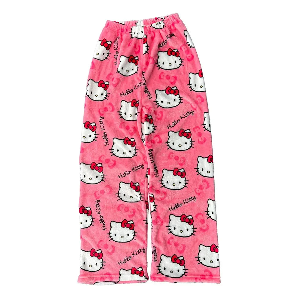 Sanrio My Melody Kawaii Hello Kitty Flannel Pajamas Pink Women's Warm Wool Cartoon Casual Home Pants Autumn/Winter Fashion Pants