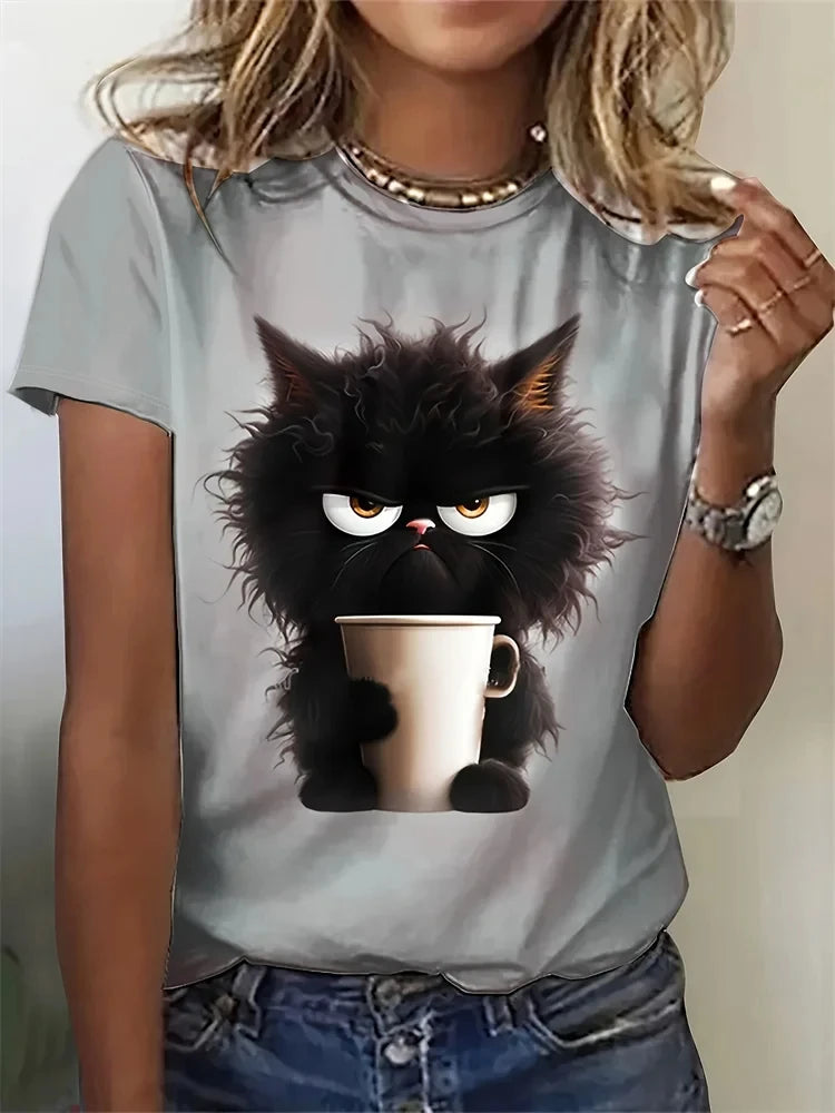 Funny Cat Women Summer White Print T-shirt Girl Casual Short Sleeve O Neck Top For Summer Female Animal Clothing