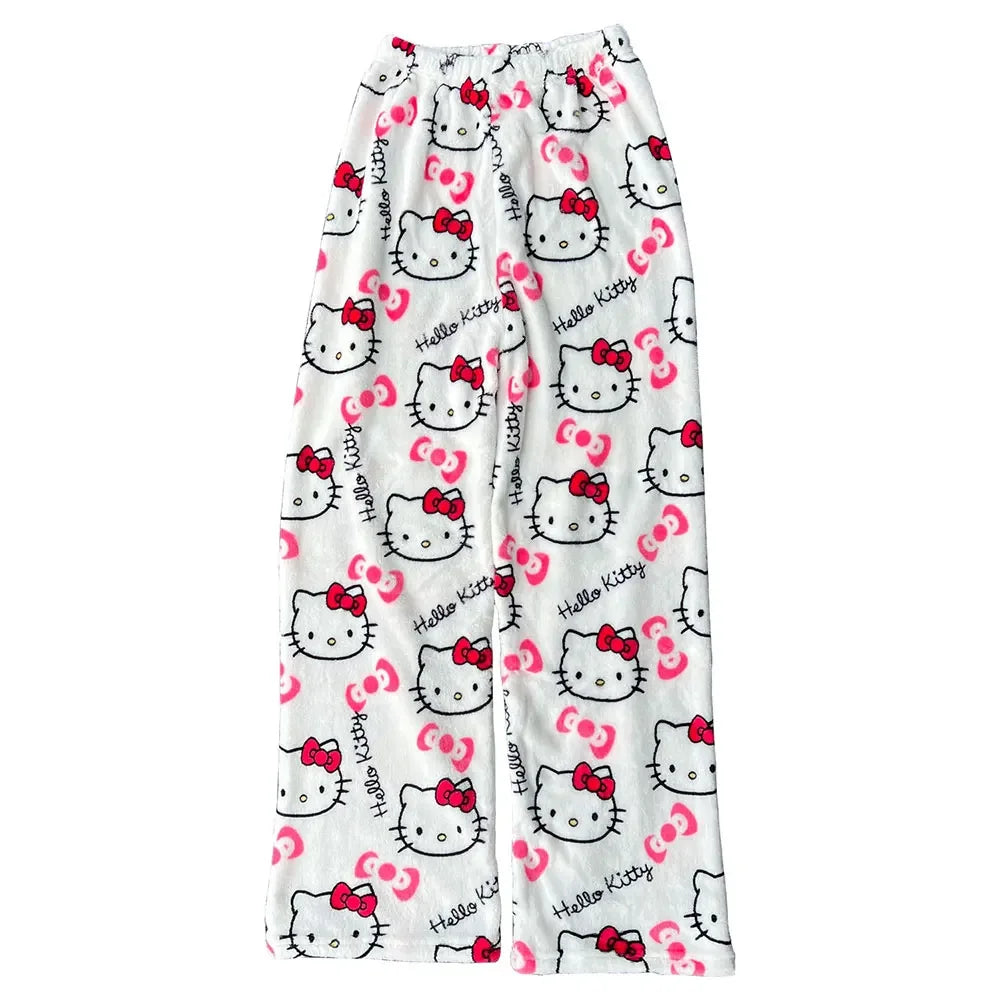 Sanrio My Melody Kawaii Hello Kitty Flannel Pajamas Pink Women's Warm Wool Cartoon Casual Home Pants Autumn/Winter Fashion Pants