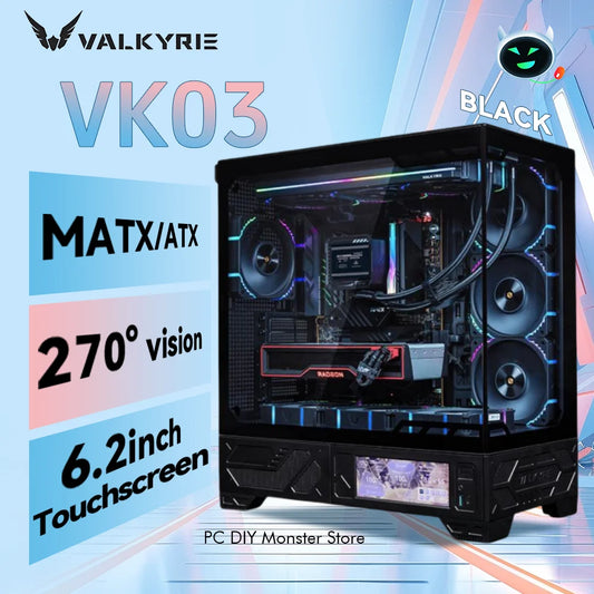 VALKYRIE VK03 ATX Gaming PC Case Desktop Supports 360 Water Cooled 6.2 in Touchscreen Removable 270° Sea View Room Computer Case