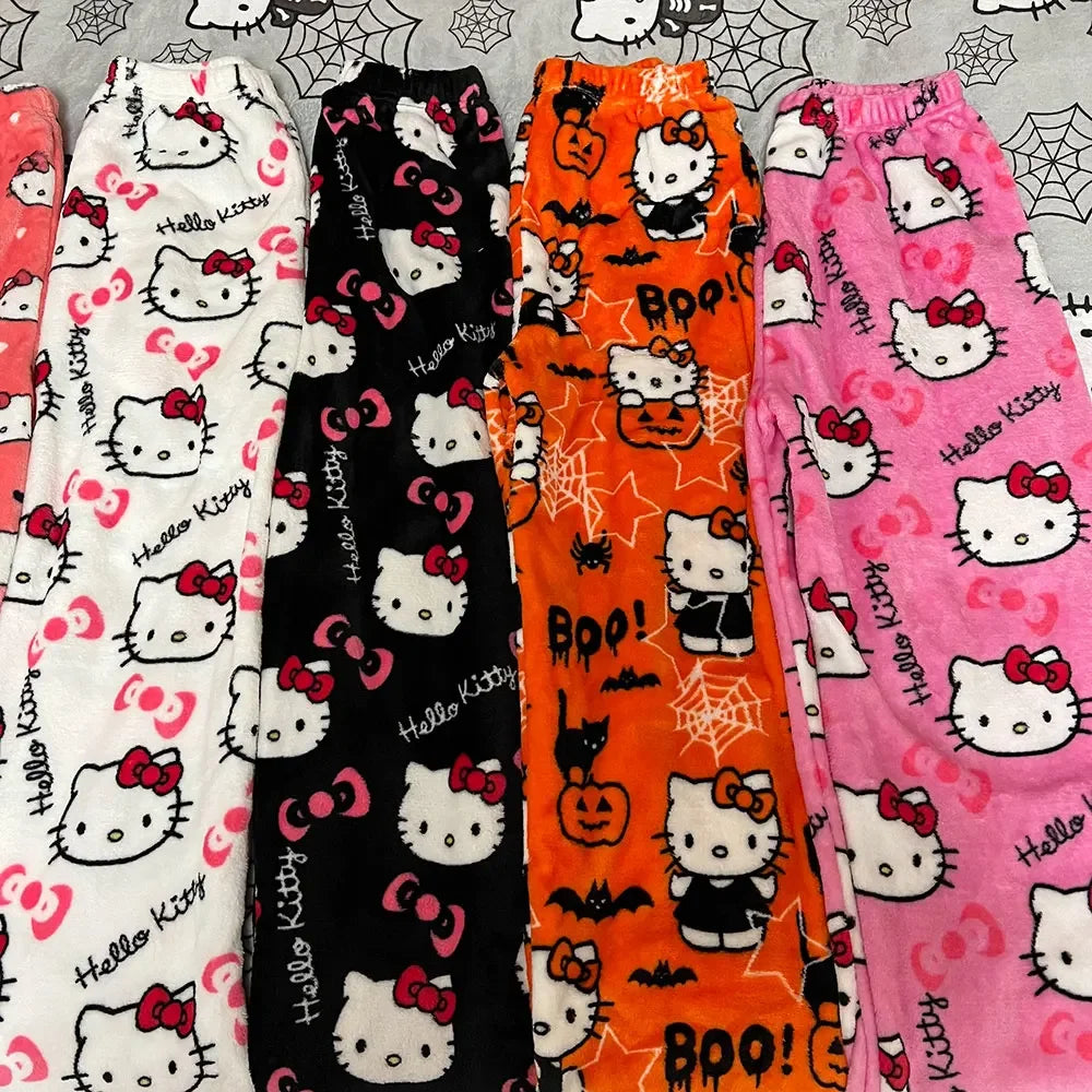 Sanrio My Melody Kawaii Hello Kitty Flannel Pajamas Pink Women's Warm Wool Cartoon Casual Home Pants Autumn/Winter Fashion Pants