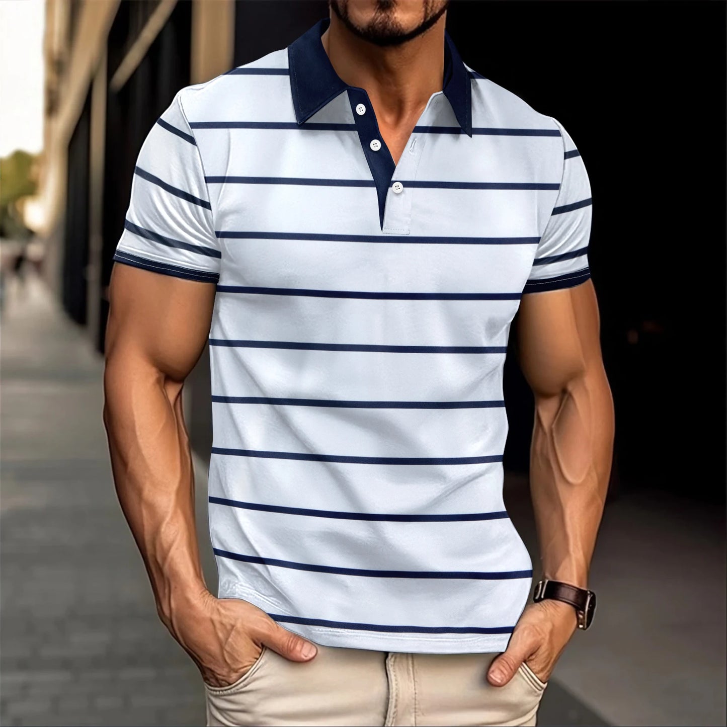 2024 New Summer Best-Selling Men's Striped Polo Shirt Lapel Button Men's Short Sleeve Casual Comfortable Office Men's Clothing